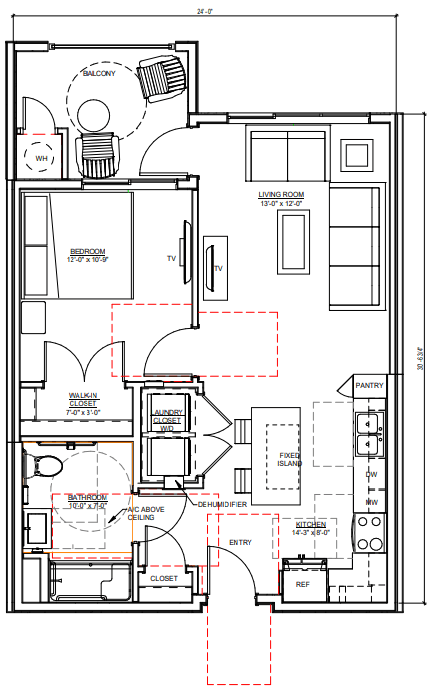 Floor plan for 1 bed, 1 bath, 634 sqft